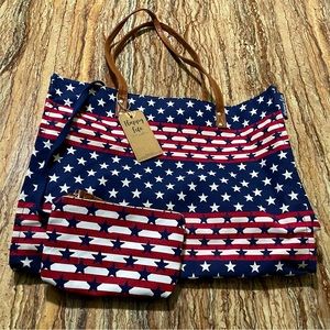 Happy Life Tote Bag Red White Blue Cotton Canvas Stripes Stars
